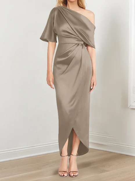 Sheath/Column One-Shoulder Short Sleeves Asymmetrical Mother of the Bride Dresses with Ruffles - Image 55
