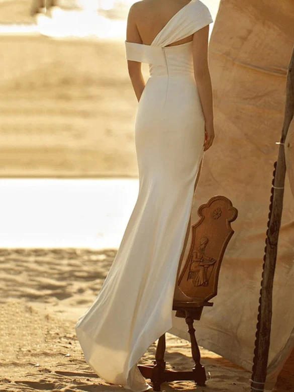 Sheath/Column One-Shoulder Silk Satin Wedding Dress With Split - Image 2