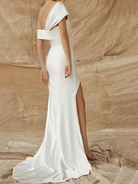 Sheath/Column One-Shoulder Silk Satin Wedding Dress With Split - Image 3