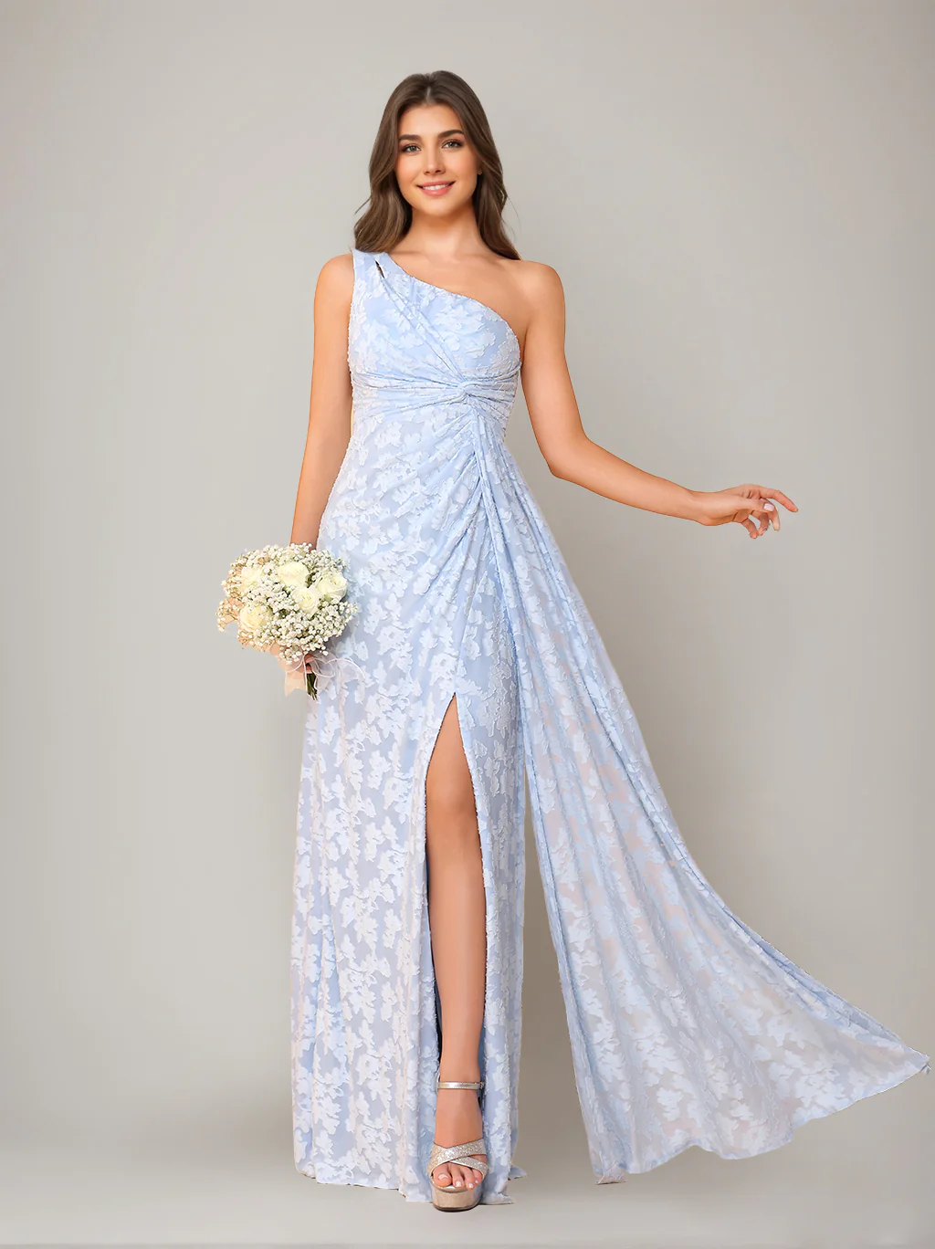 Sheath/Column One-Shoulder Sleeveless Floor-Length Bridesmaid Dresses with Split Side & Sash - Image 3