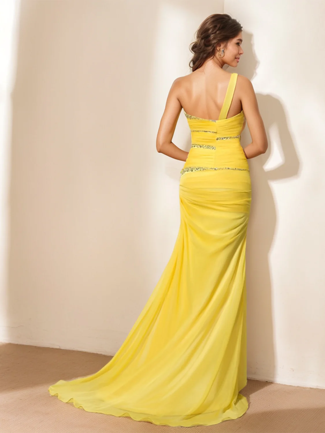 Sheath/Column One-Shoulder Sleeveless Floor-Length Evening Dress with Ruched, Sequin & Crystals - Image 2