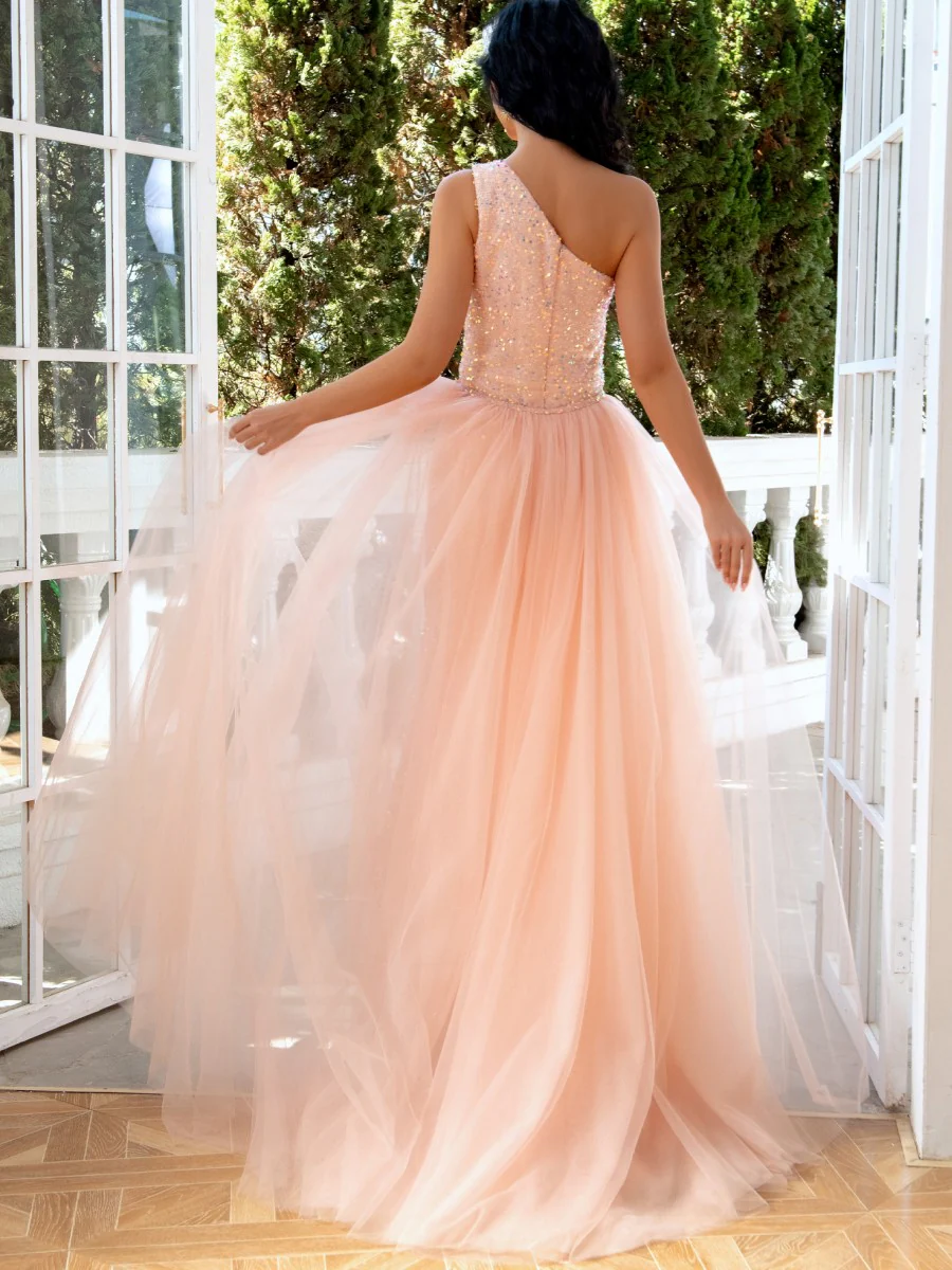 Sheath/Column One-Shoulder Sleeveless Floor-Length Evening Dresses with Detachable Tulle & Slit & Sequins - Image 2