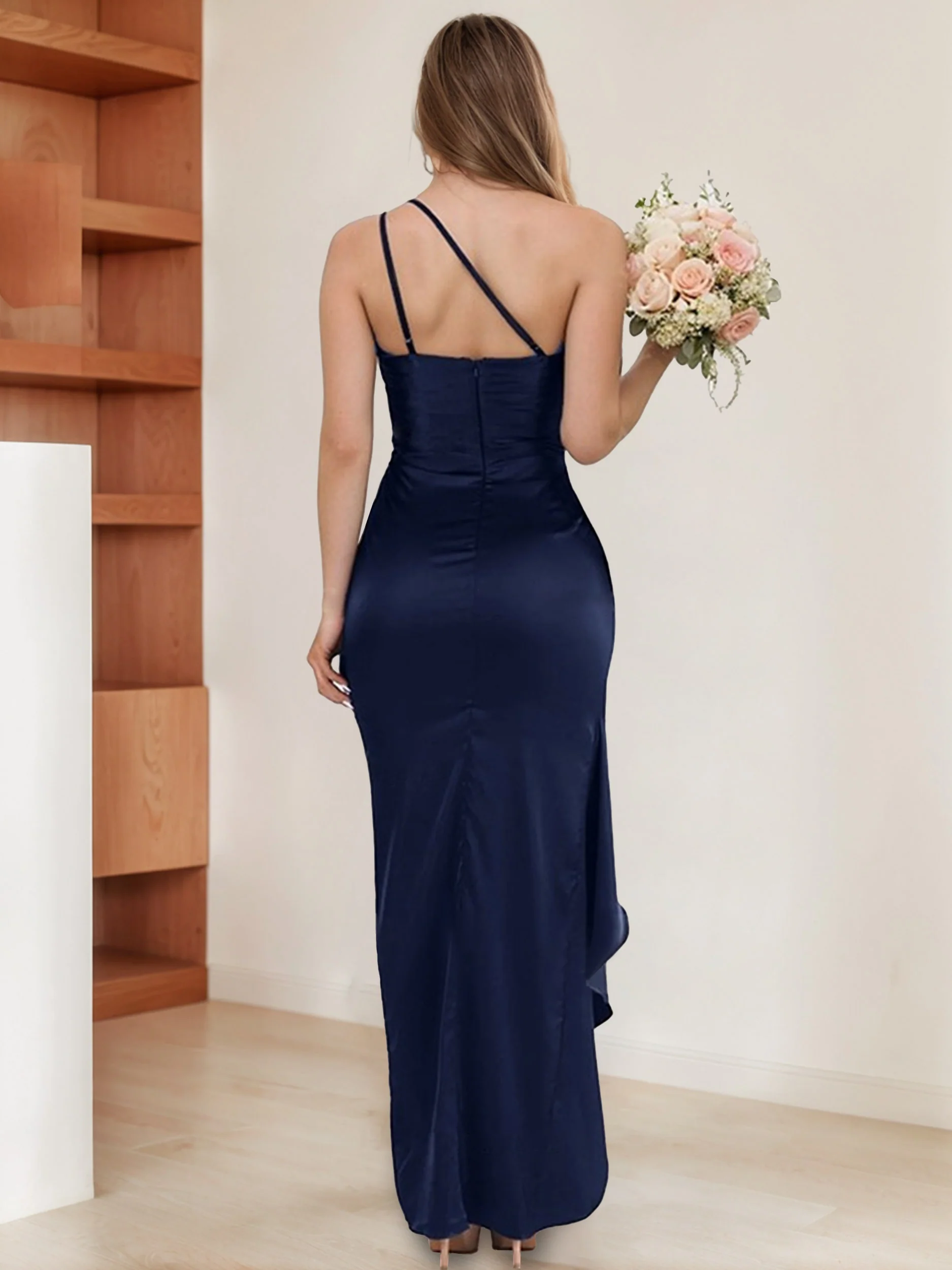 Sheath/Column One-Shoulder Sleeveless Ruched Floor-Length Bridesmaid Dresses with Slit & Ruffles - Image 4