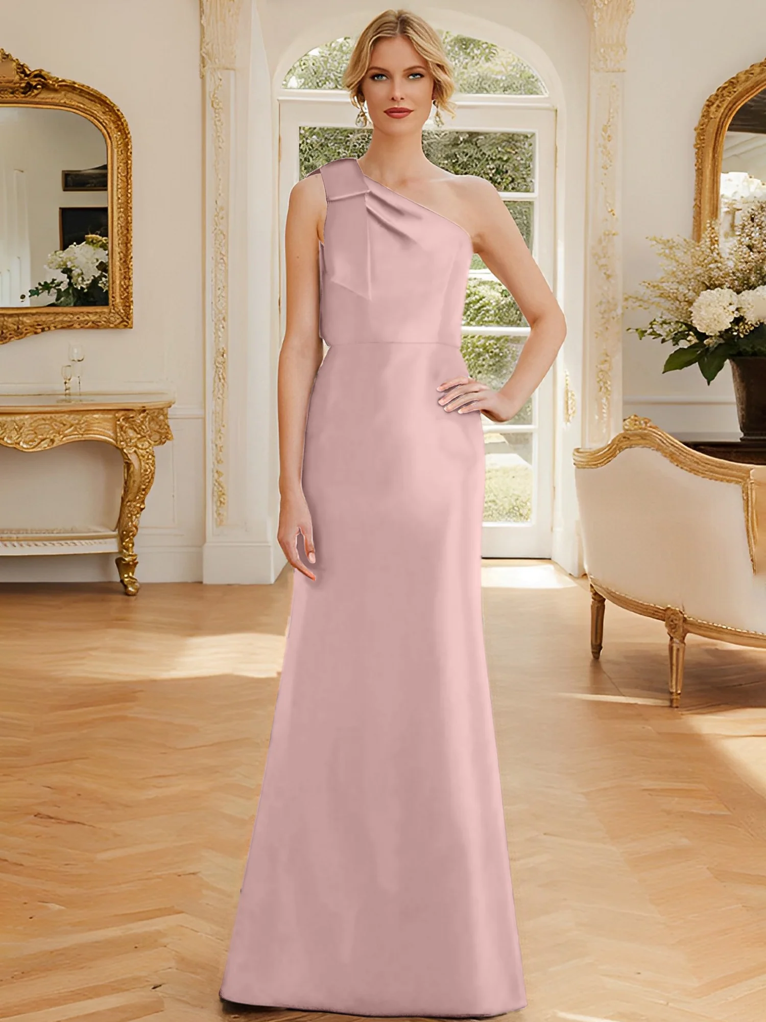 Sheath/Column One-Shoulder Sleeveless Satin Mother of the Bride Dresses with Bowknot - Image 18