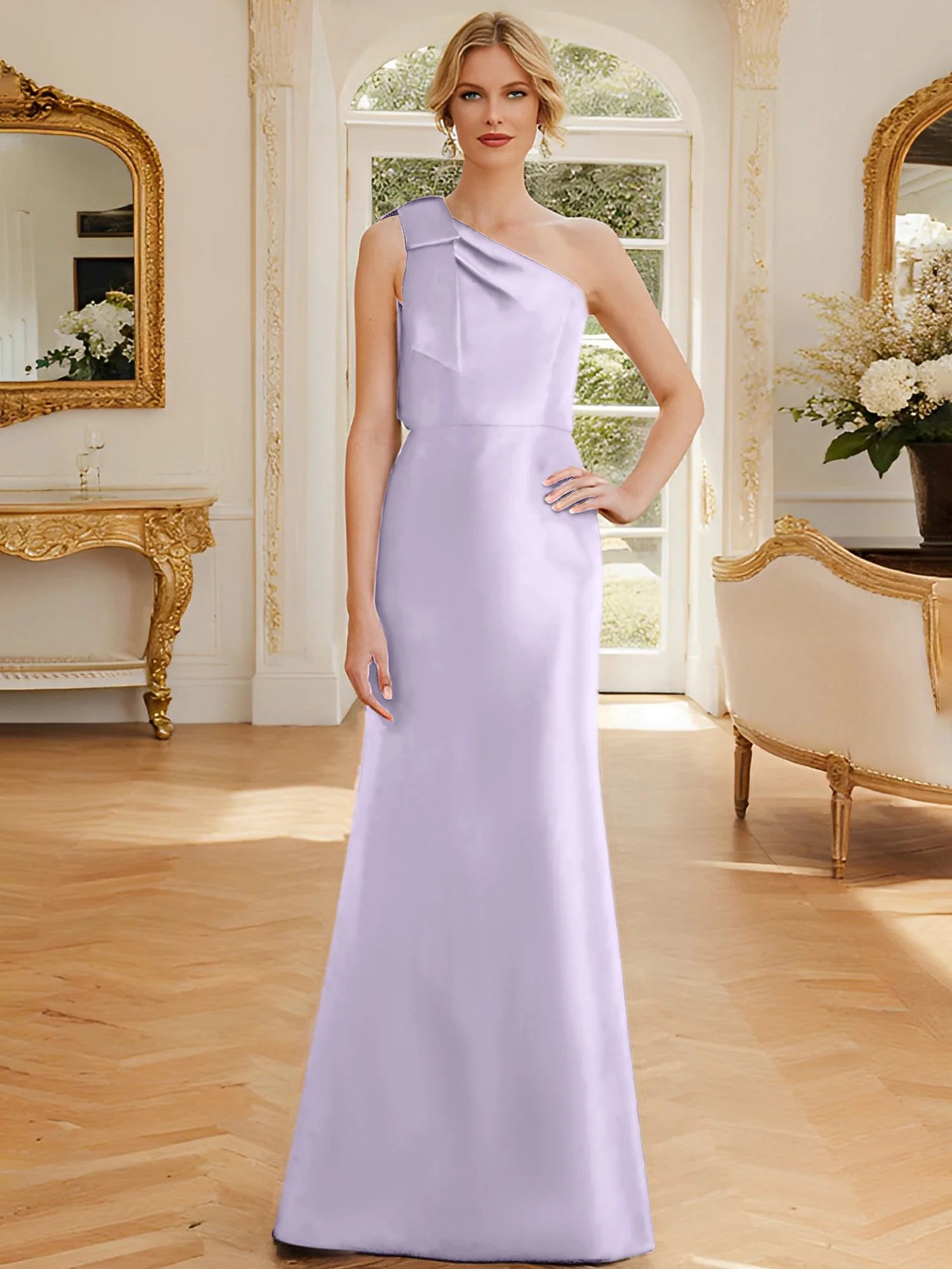 Sheath/Column One-Shoulder Sleeveless Satin Mother of the Bride Dresses with Bowknot - Image 38