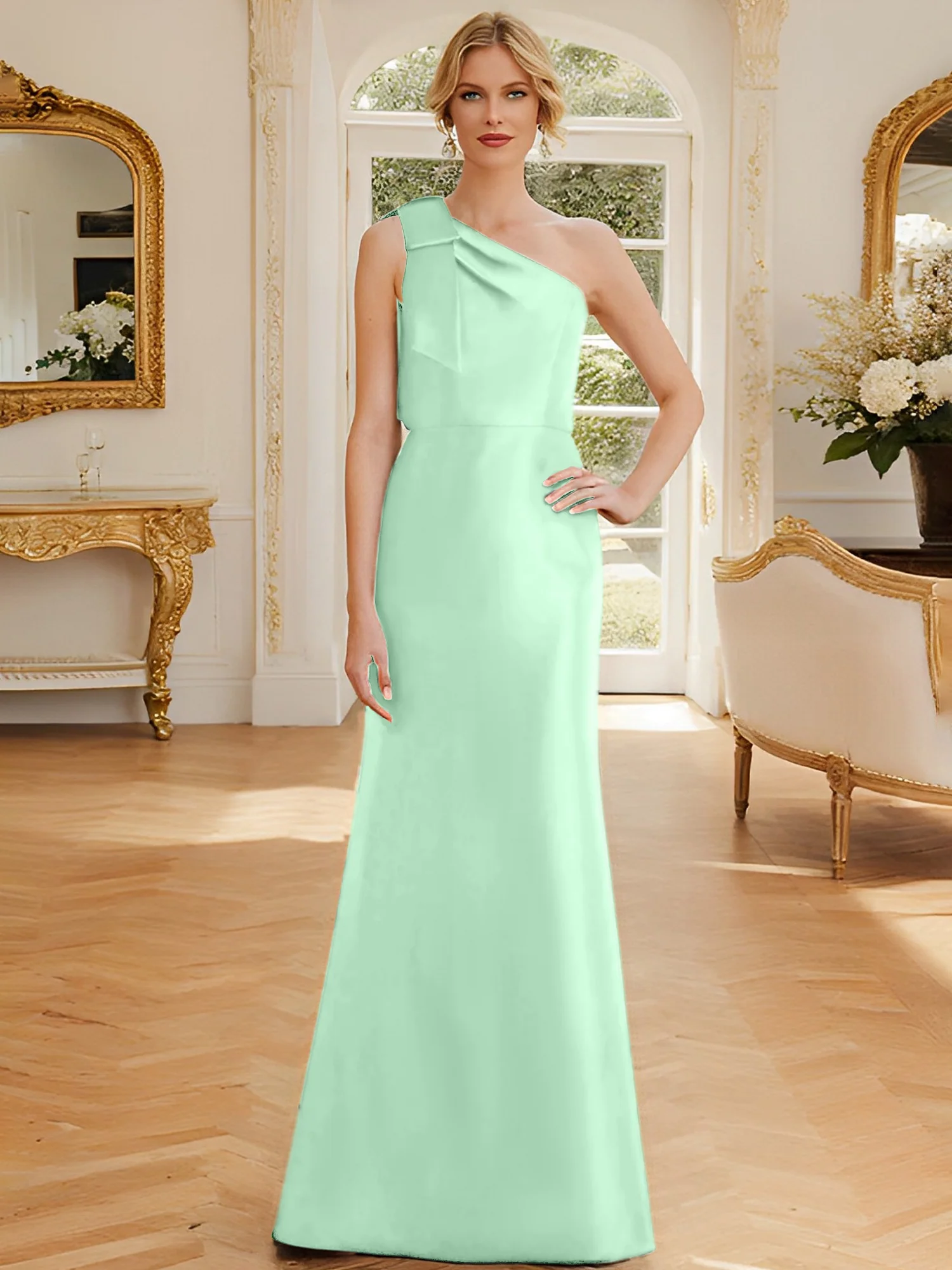Sheath/Column One-Shoulder Sleeveless Satin Mother of the Bride Dresses with Bowknot - Image 41