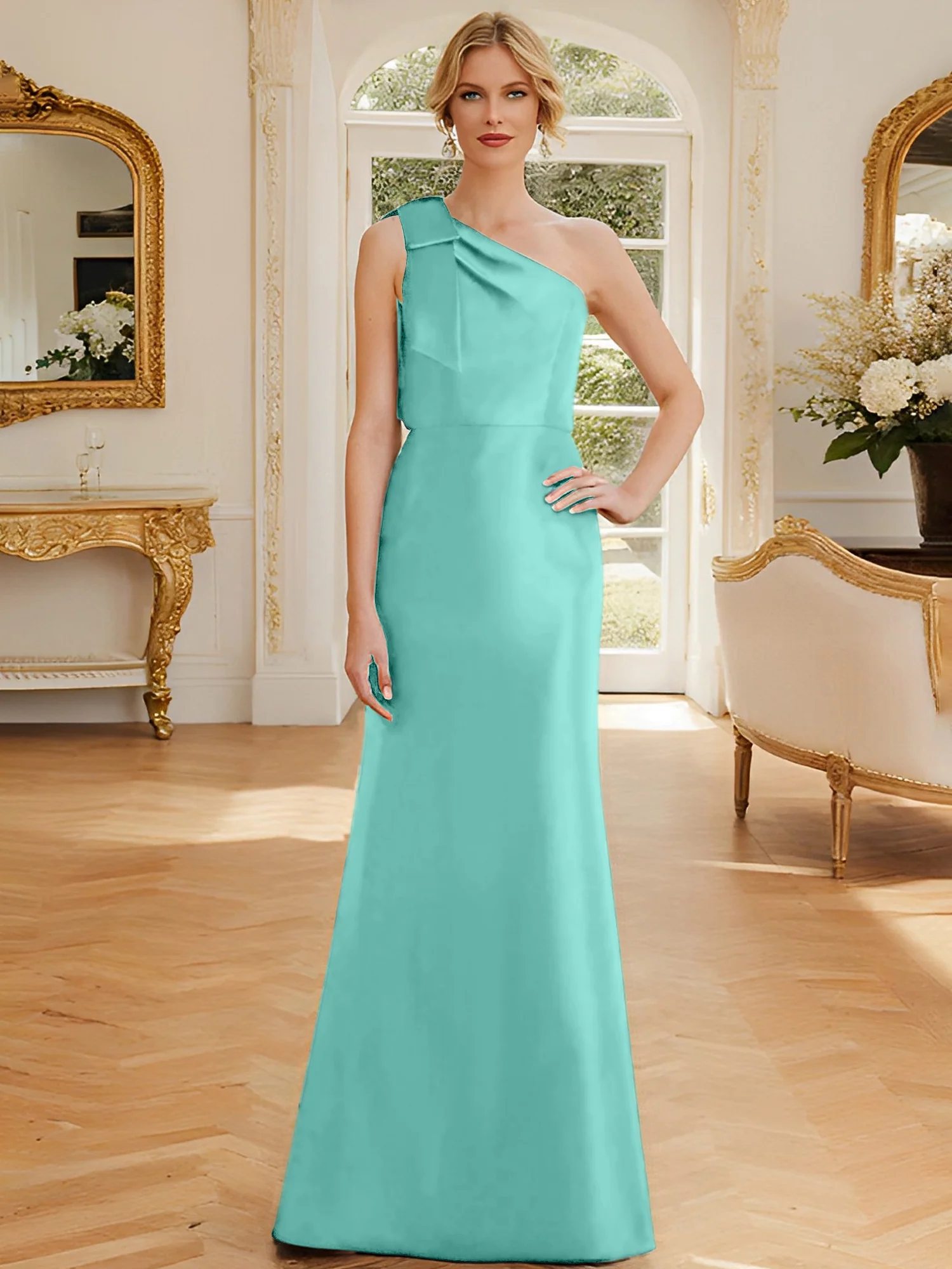 Sheath/Column One-Shoulder Sleeveless Satin Mother of the Bride Dresses with Bowknot - Image 68