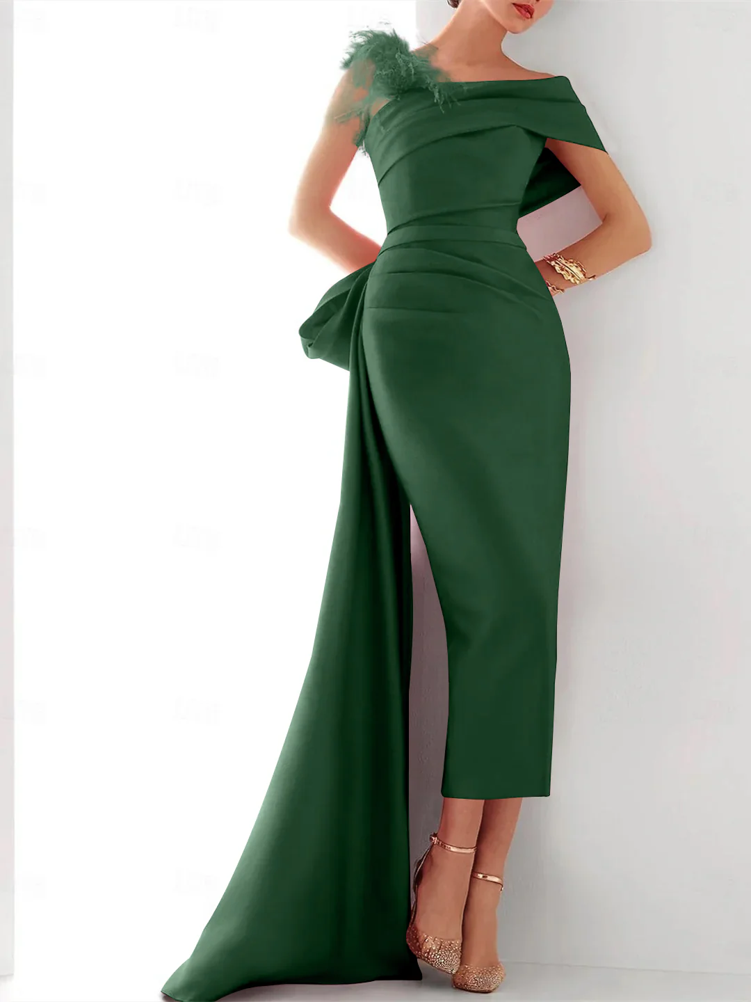 Sheath/Column  One Shoulder Sleeveless Sweep/Brush Train Evening Gown Elegant Dress Formal Satin with Feather Bow(s) - Image 10