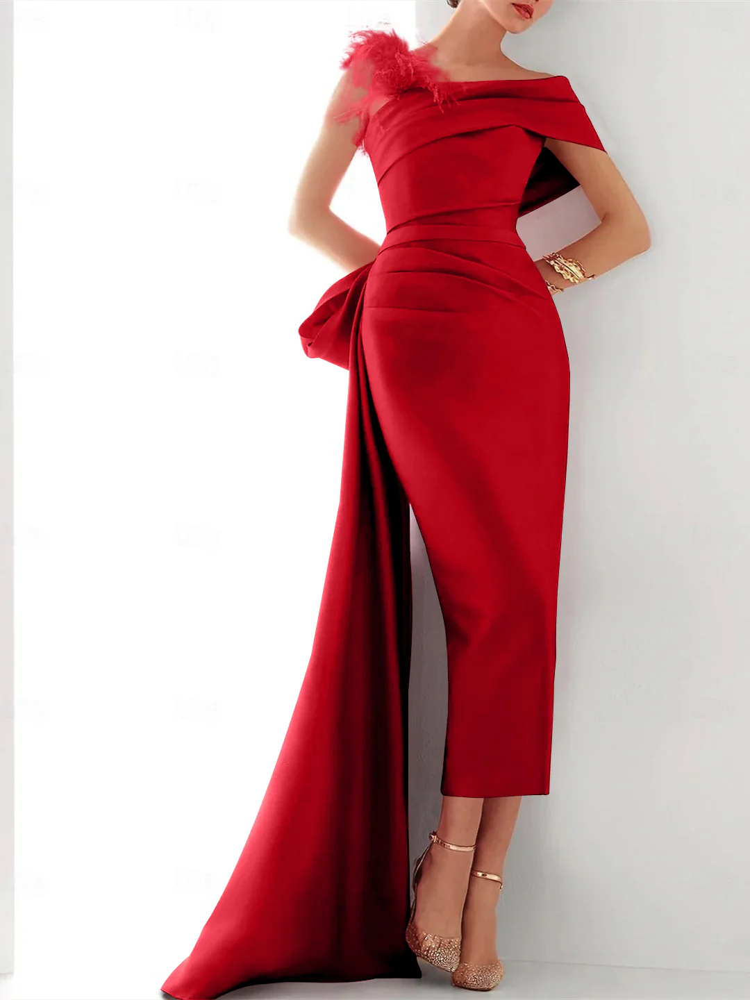 Sheath/Column  One Shoulder Sleeveless Sweep/Brush Train Evening Gown Elegant Dress Formal Satin with Feather Bow(s) - Image 12