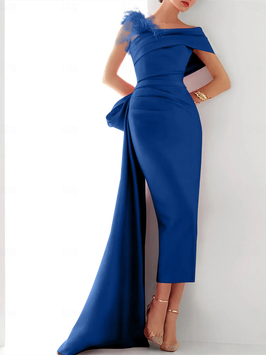 Sheath/Column  One Shoulder Sleeveless Sweep/Brush Train Evening Gown Elegant Dress Formal Satin with Feather Bow(s) - Image 13