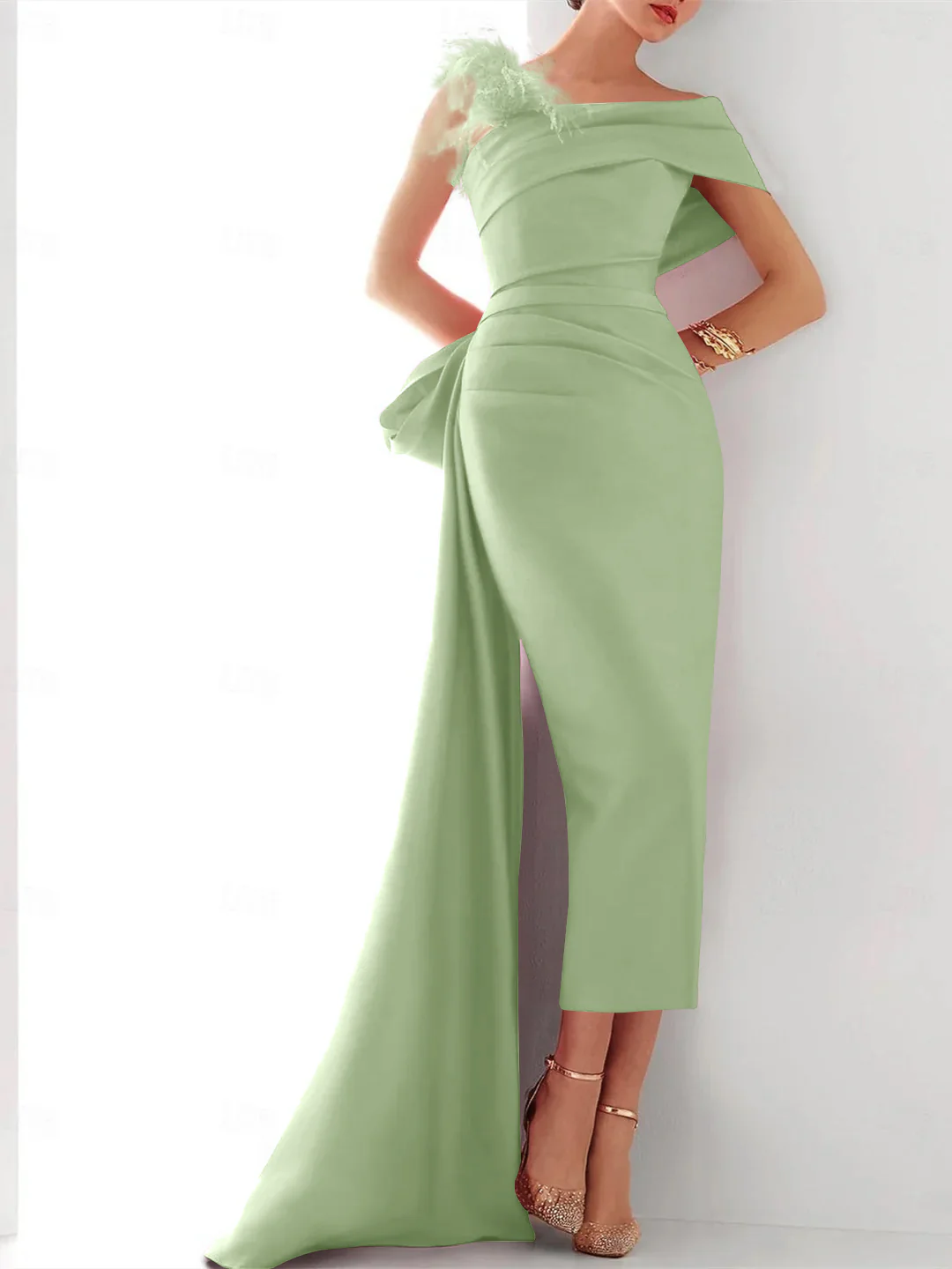 Sheath/Column  One Shoulder Sleeveless Sweep/Brush Train Evening Gown Elegant Dress Formal Satin with Feather Bow(s) - Image 14