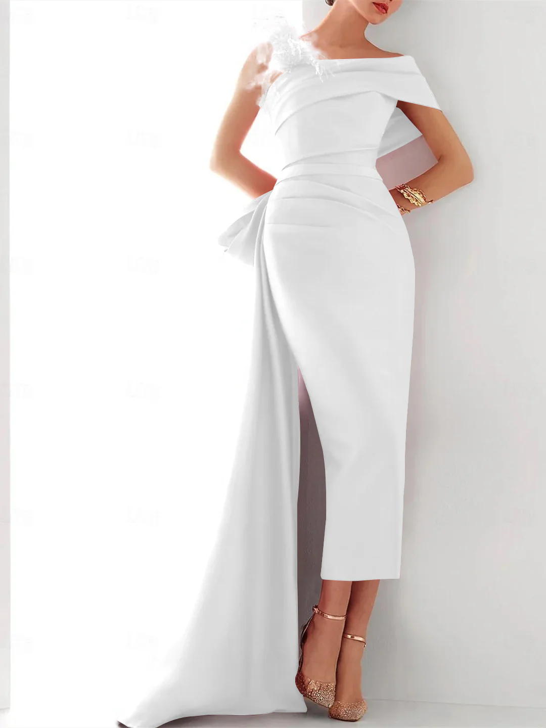 Sheath/Column  One Shoulder Sleeveless Sweep/Brush Train Evening Gown Elegant Dress Formal Satin with Feather Bow(s) - Image 15