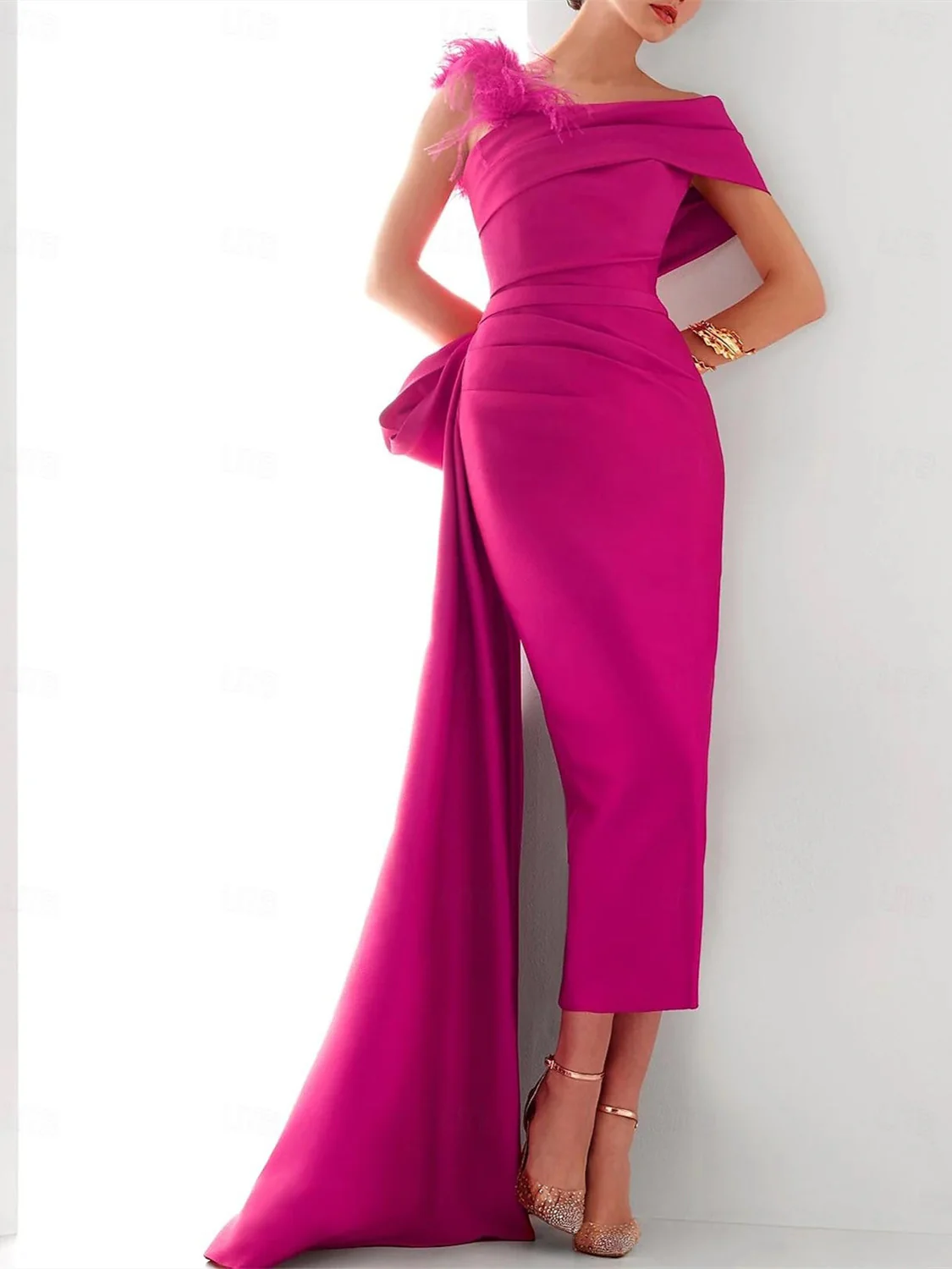 Sheath/Column  One Shoulder Sleeveless Sweep/Brush Train Evening Gown Elegant Dress Formal Satin with Feather Bow(s) - Image 2