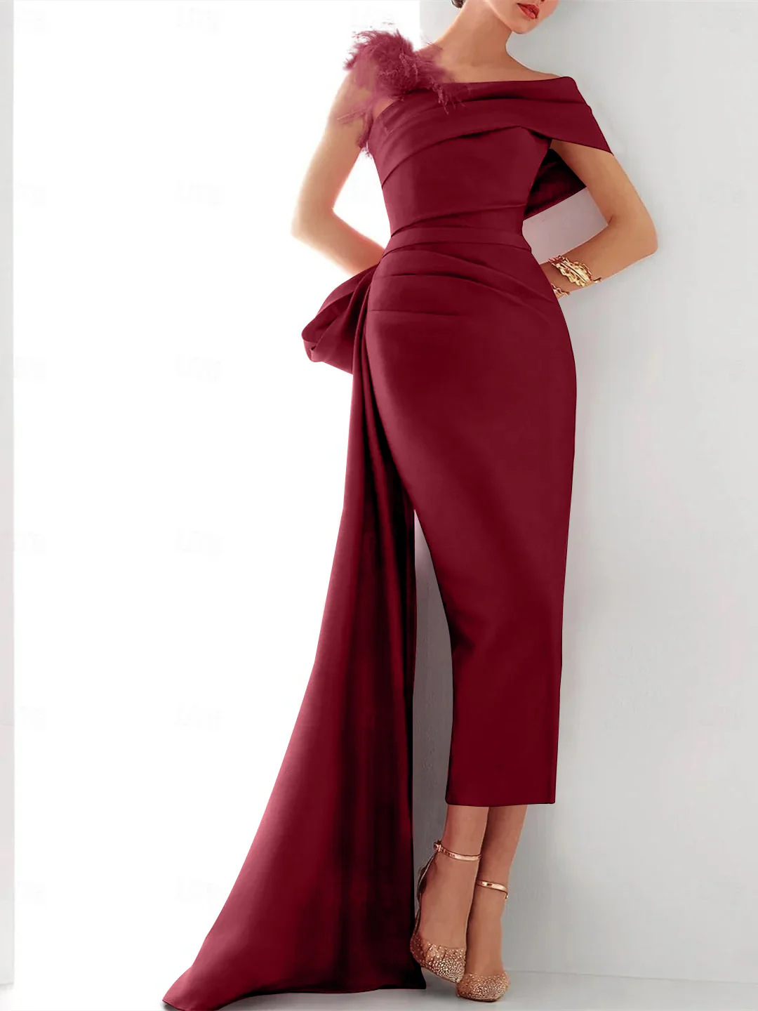 Sheath/Column  One Shoulder Sleeveless Sweep/Brush Train Evening Gown Elegant Dress Formal Satin with Feather Bow(s) - Image 5