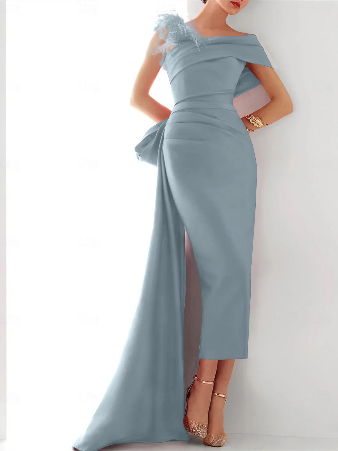 Sheath/Column  One Shoulder Sleeveless Sweep/Brush Train Evening Gown Elegant Dress Formal Satin with Feather Bow(s) - Image 7