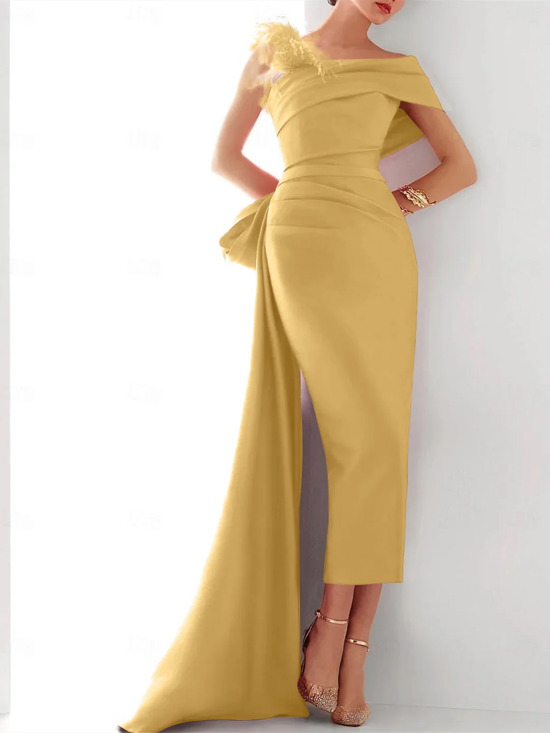 Sheath/Column  One Shoulder Sleeveless Sweep/Brush Train Evening Gown Elegant Dress Formal Satin with Feather Bow(s) - Image 8
