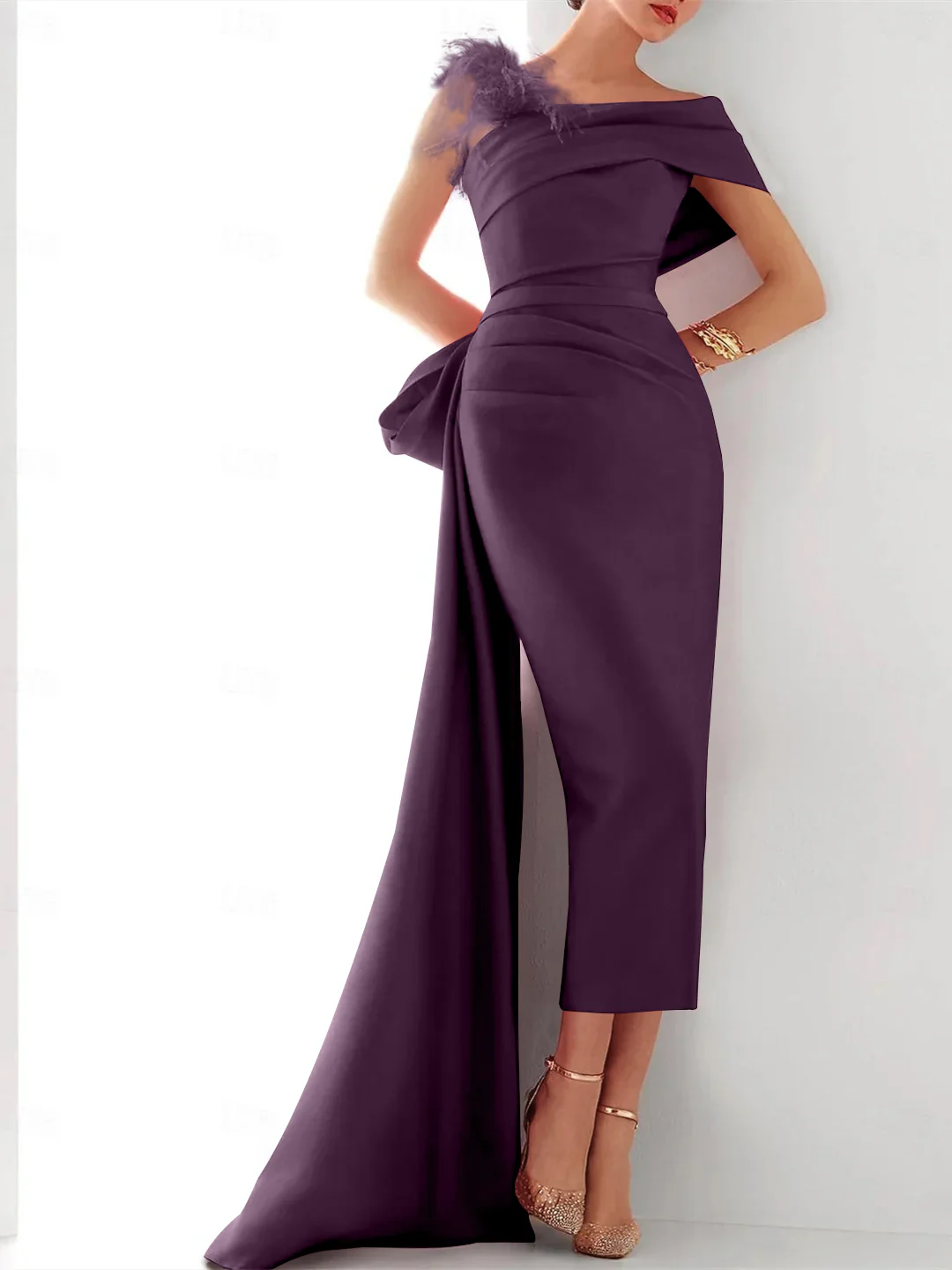 Sheath/Column  One Shoulder Sleeveless Sweep/Brush Train Evening Gown Elegant Dress Formal Satin with Feather Bow(s) - Image 9