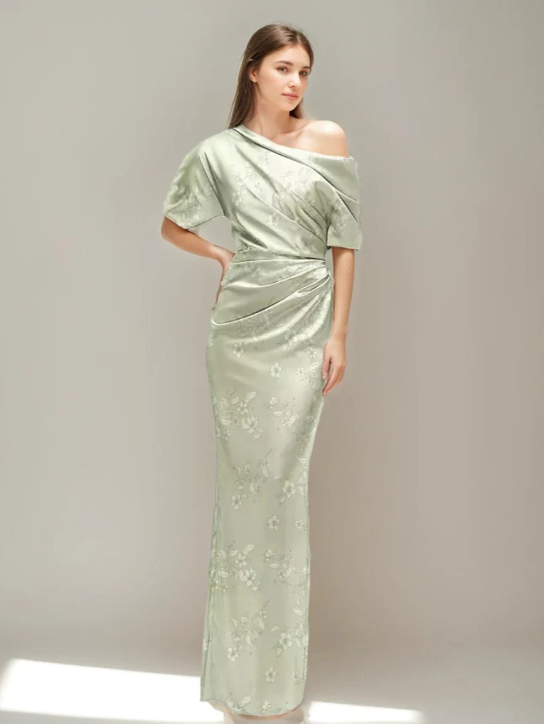 Sheath/Column Printed Floral One-shoulder Half Sleeves Ruched Wedding Guest Dresses with Slit