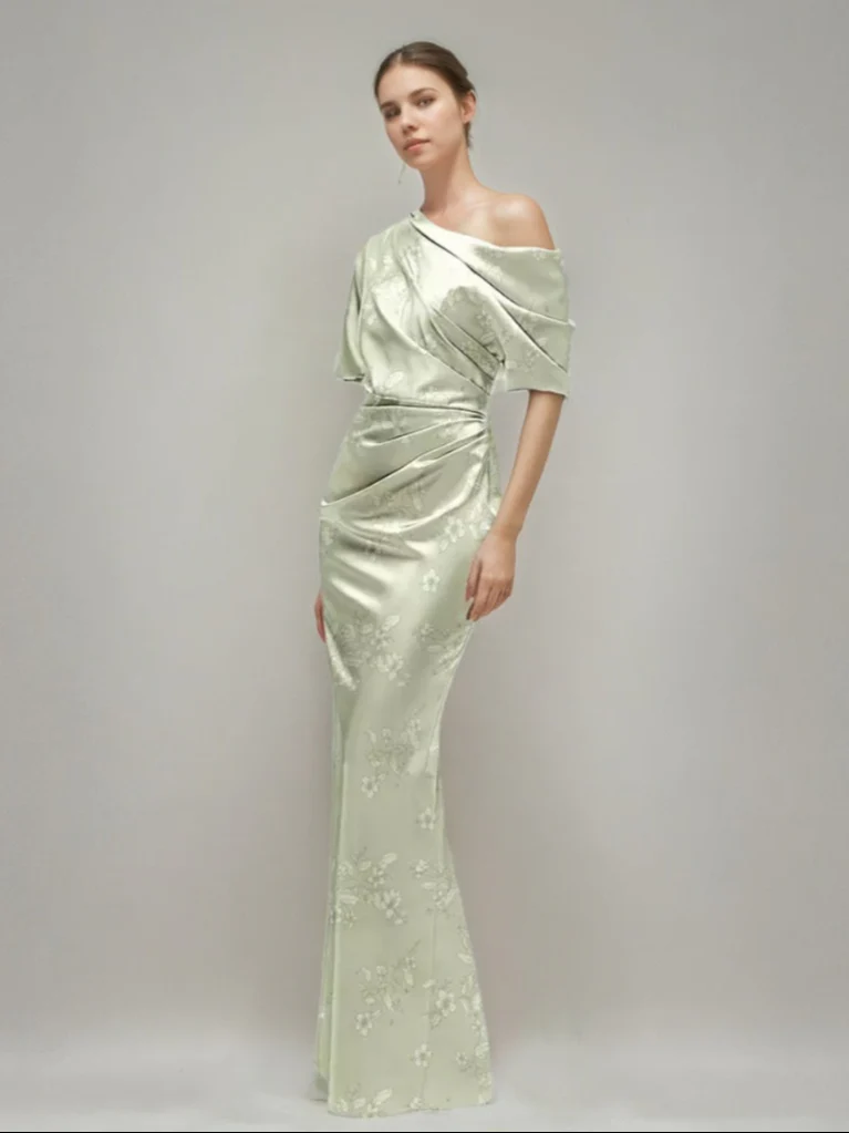Sheath/Column Printed Floral One-shoulder Half Sleeves Ruched Wedding Guest Dresses with Slit - Image 3