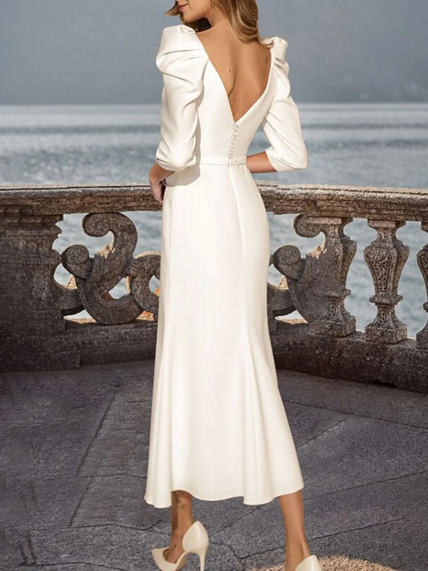 Sheath/Column Retro Square Neck 3/4 Sleeves Tea Length Elegant Wedding Dress With Ruffles - Image 2