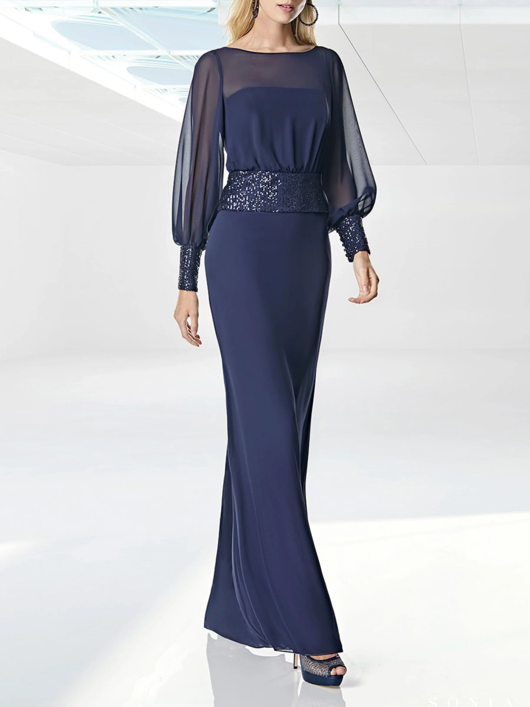 Sheath/Column Scoop Evening Dresses Long Sleeves Chiffon Floor length With Sequins