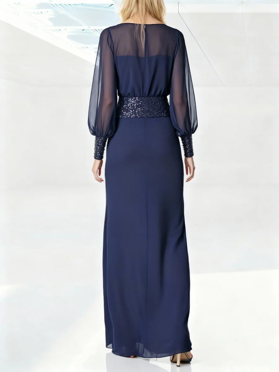 Sheath/Column Scoop Evening Dresses Long Sleeves Chiffon Floor length With Sequins - Image 2