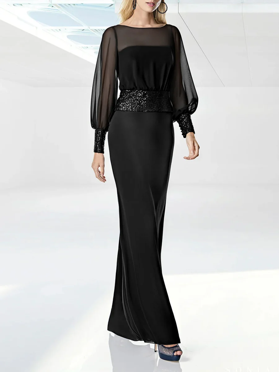 Sheath/Column Scoop Evening Dresses Long Sleeves Chiffon Floor length With Sequins - Image 3