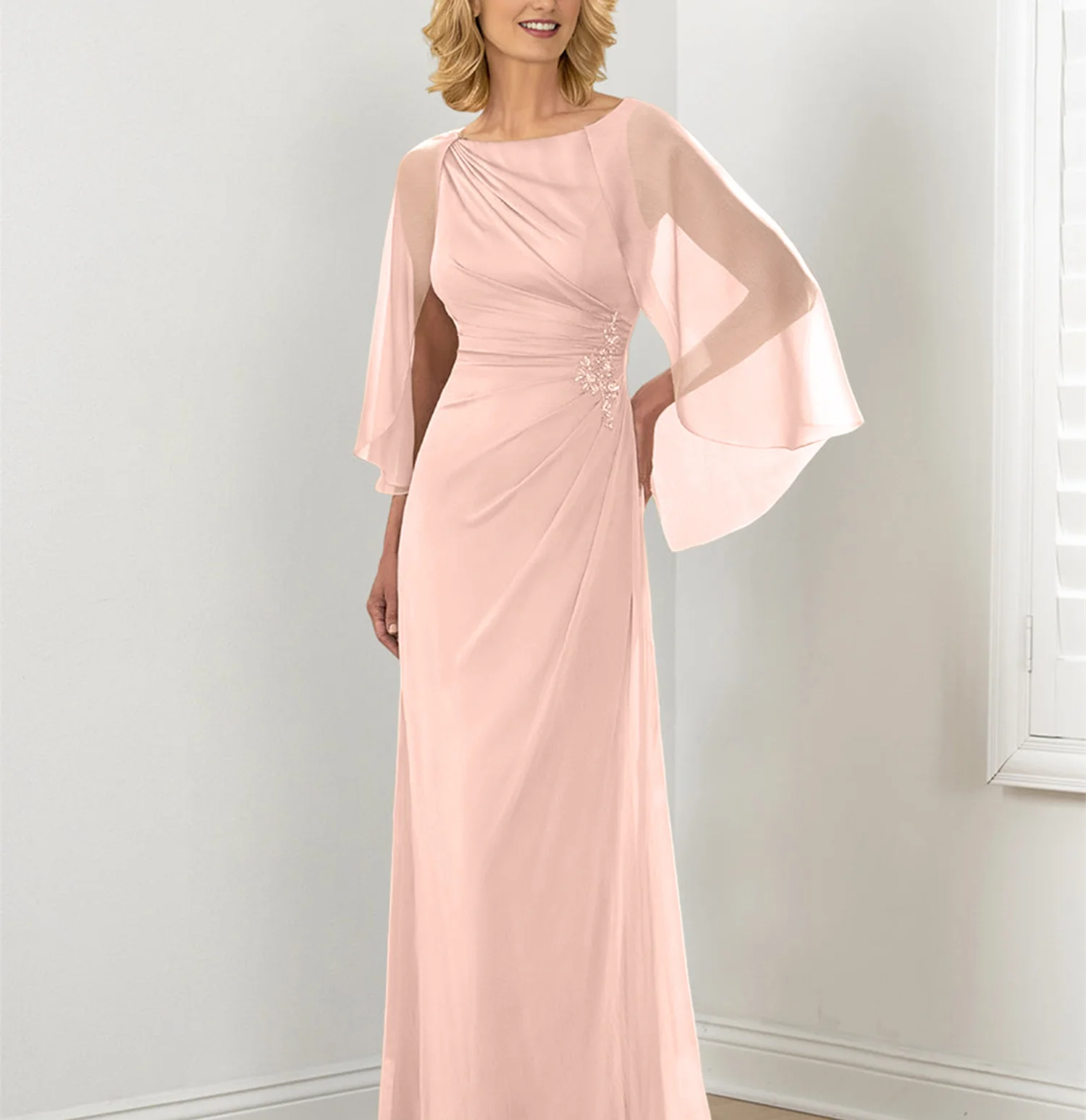 Sheath/Column Round Neck Mother of the Bride Dresses with Ruched - Image 3