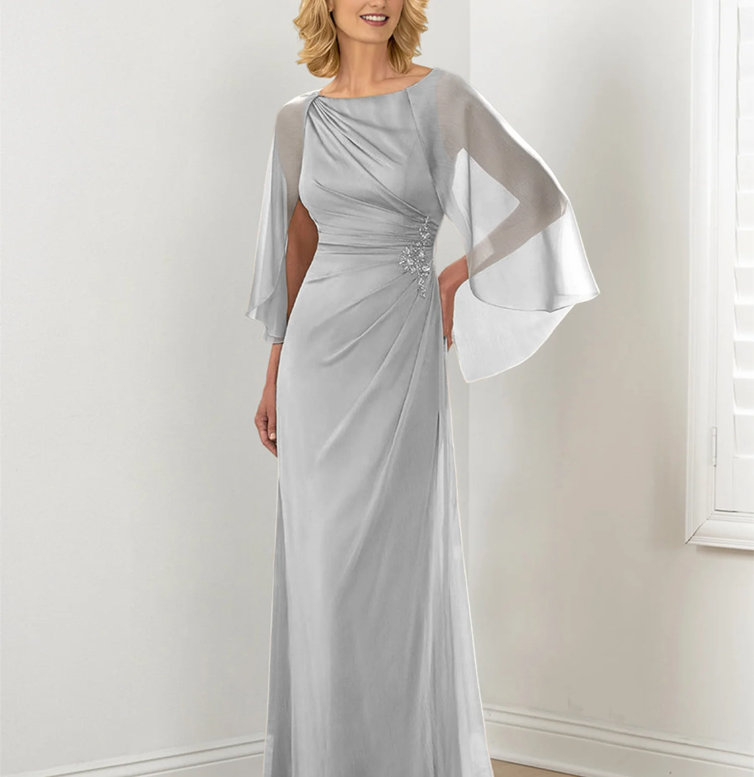 Sheath/Column Round Neck Mother of the Bride Dresses with Ruched - Image 9