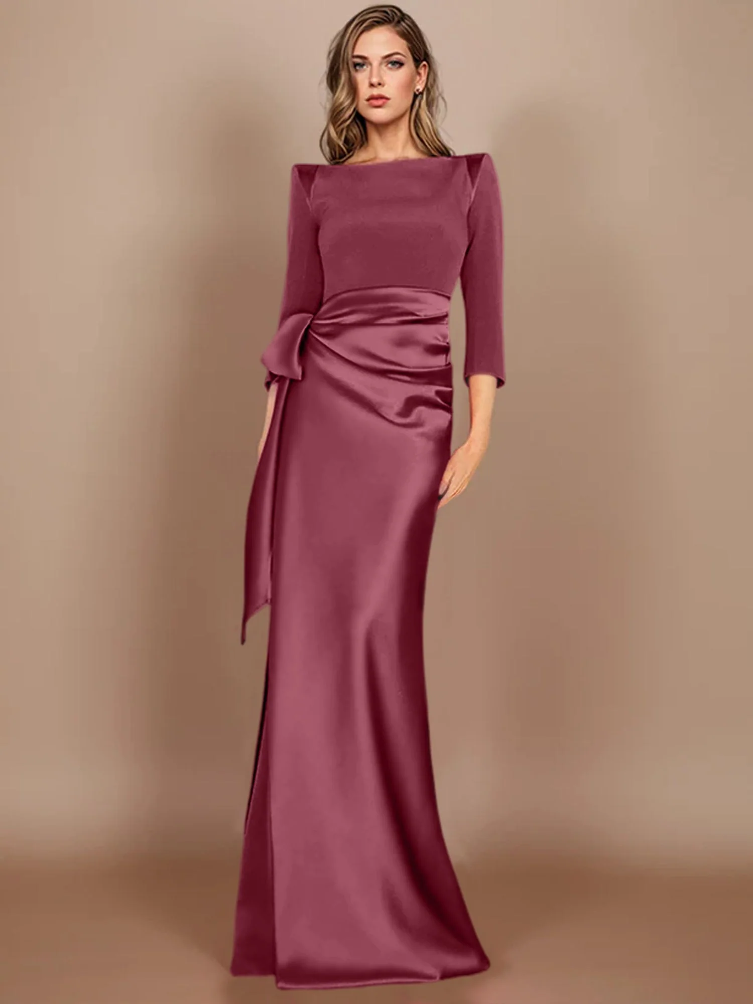 Sheath/Column Scoop 3/4 Length Sleeves Floor-Length Mother of the Bride Dresses with Bow - Image 15