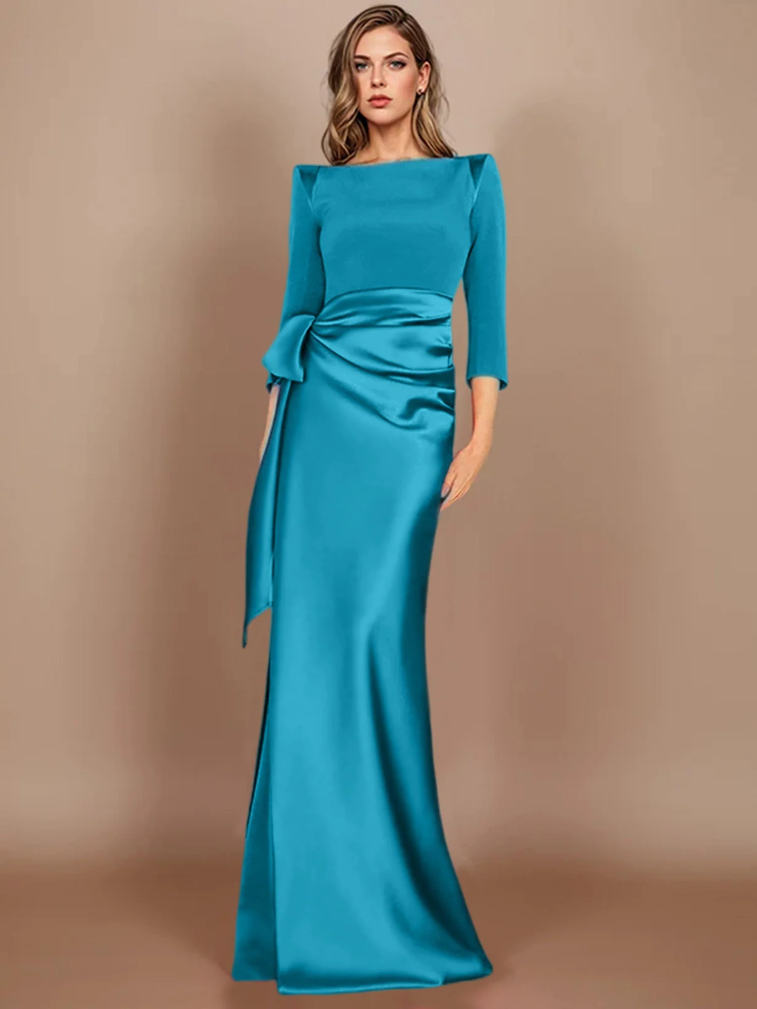 Sheath/Column Scoop 3/4 Length Sleeves Floor-Length Mother of the Bride Dresses with Bow - Image 40