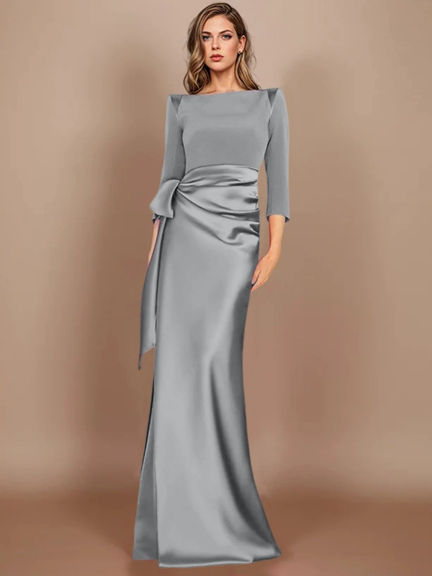 Sheath/Column Scoop 3/4 Length Sleeves Floor-Length Mother of the Bride Dresses with Bow - Image 51