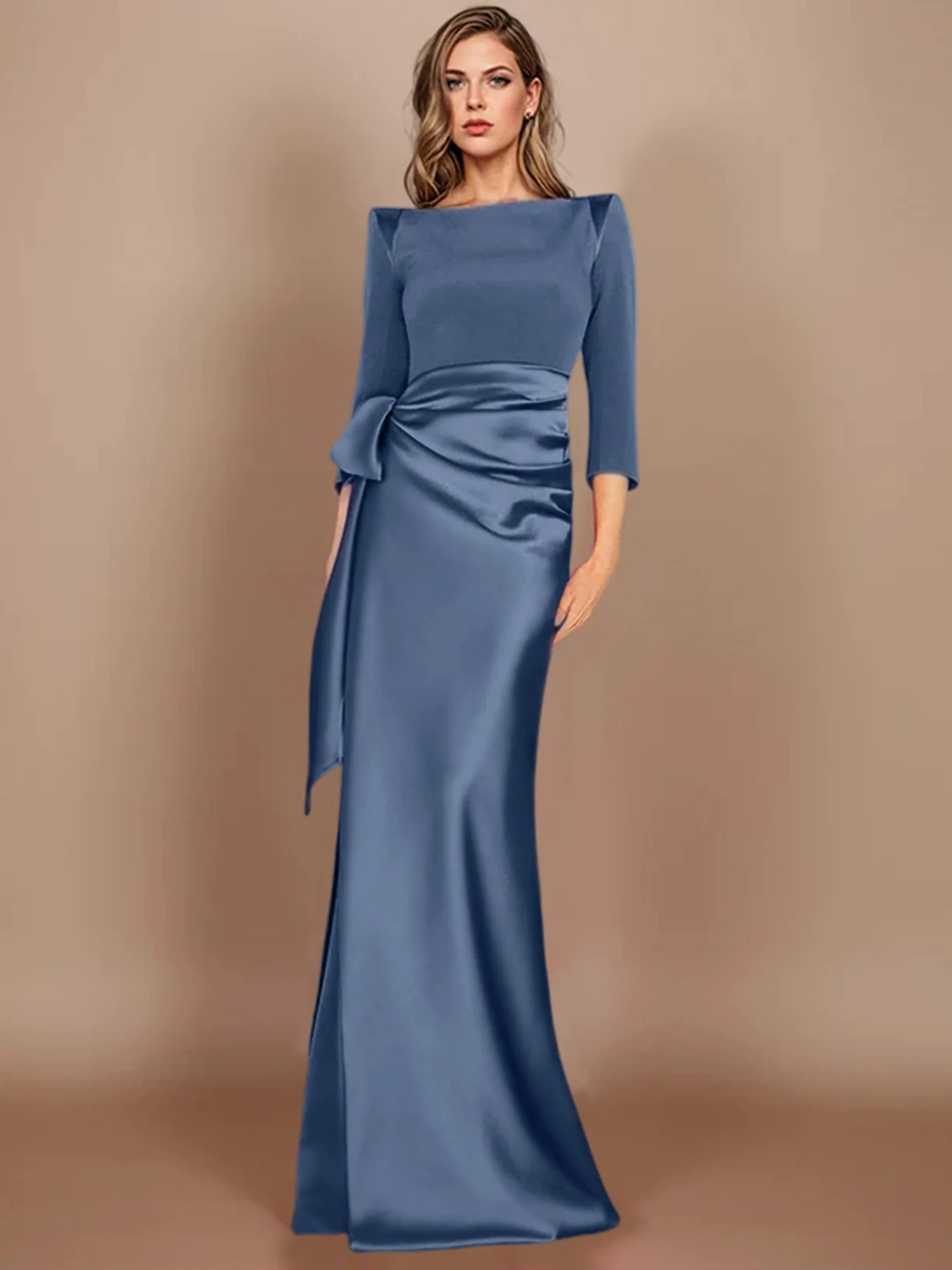 Sheath/Column Scoop 3/4 Length Sleeves Floor-Length Mother of the Bride Dresses with Bow - Image 54