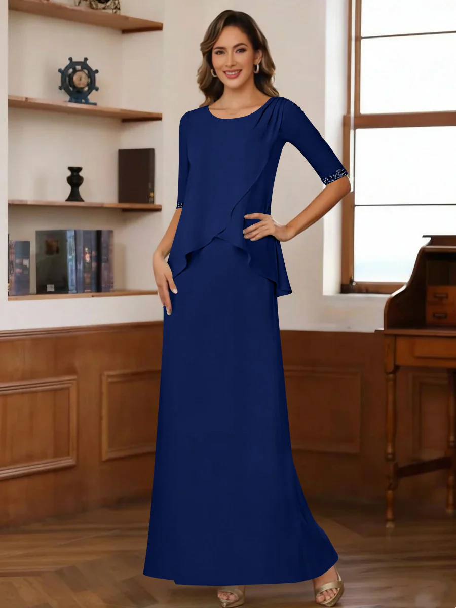 Sheath/Column Scoop Chiffon Mother of the Bride Dresses Ankle-Length Half Sleeves Sequins Ruched - Image 19