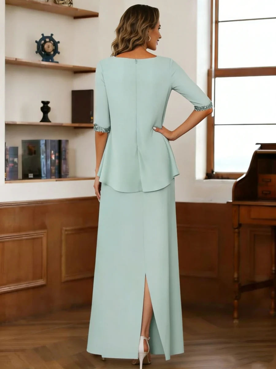 Sheath/Column Scoop Chiffon Mother of the Bride Dresses Ankle-Length Half Sleeves Sequins Ruched - Image 2