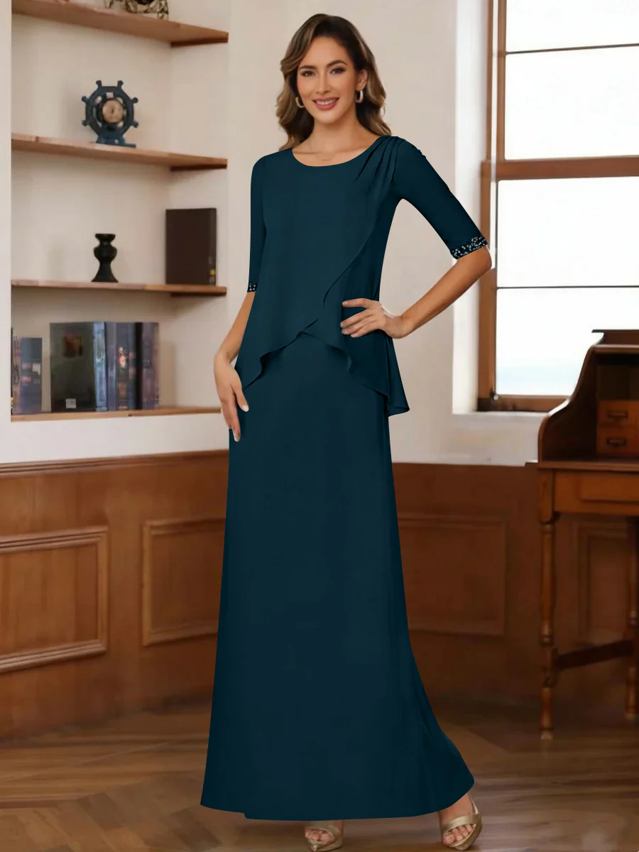 Sheath/Column Scoop Chiffon Mother of the Bride Dresses Ankle-Length Half Sleeves Sequins Ruched - Image 26