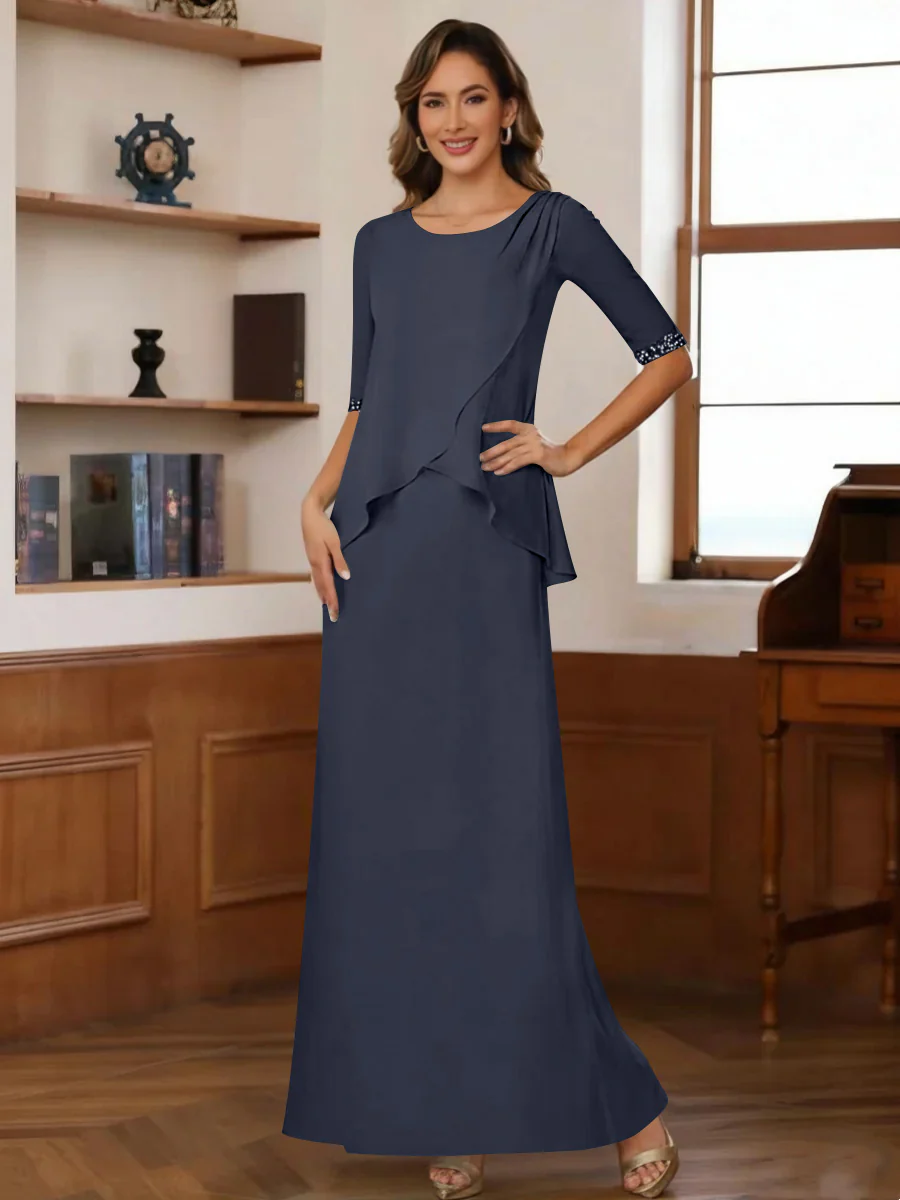 Sheath/Column Scoop Chiffon Mother of the Bride Dresses Ankle-Length Half Sleeves Sequins Ruched - Image 3
