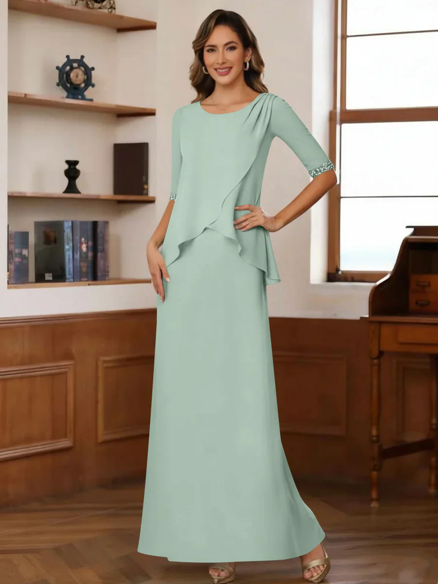 Sheath/Column Scoop Chiffon Mother of the Bride Dresses Ankle-Length Half Sleeves Sequins Ruched - Image 31