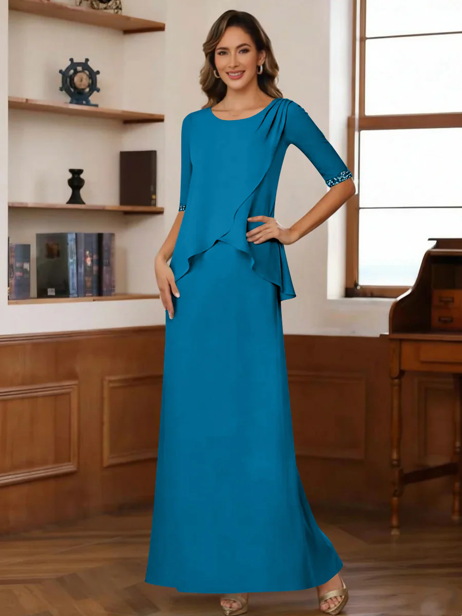 Sheath/Column Scoop Chiffon Mother of the Bride Dresses Ankle-Length Half Sleeves Sequins Ruched - Image 33
