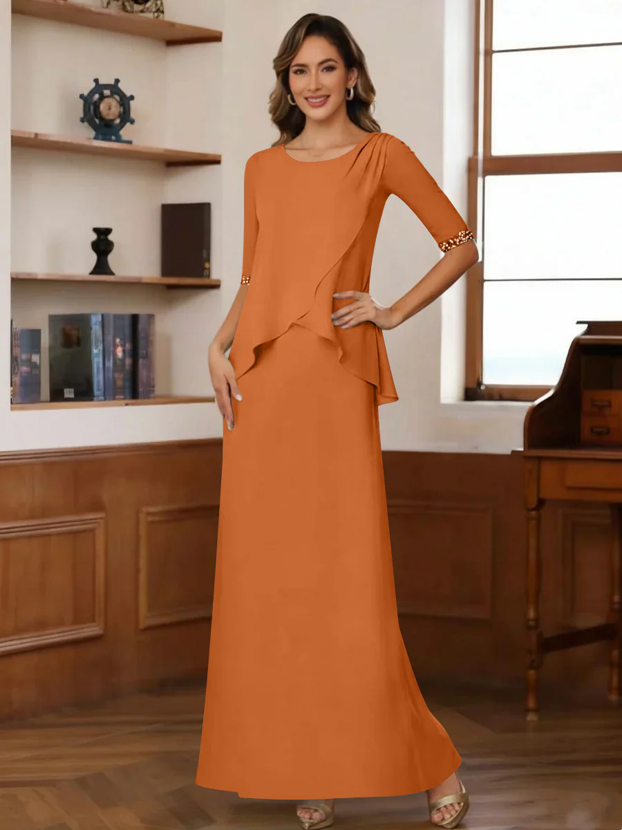 Sheath/Column Scoop Chiffon Mother of the Bride Dresses Ankle-Length Half Sleeves Sequins Ruched - Image 34