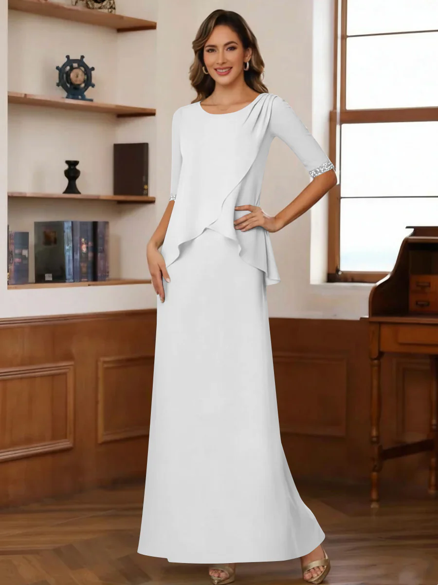 Sheath/Column Scoop Chiffon Mother of the Bride Dresses Ankle-Length Half Sleeves Sequins Ruched - Image 49
