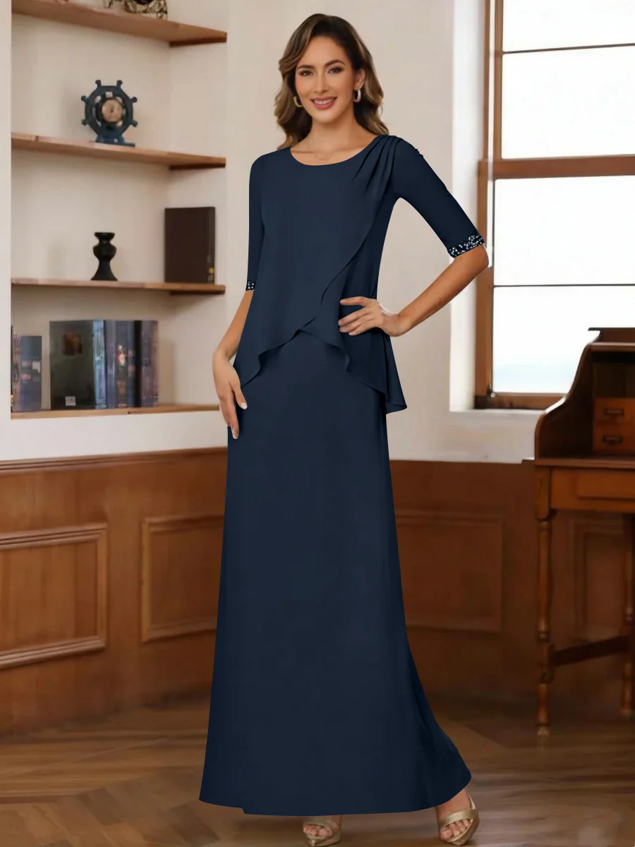 Sheath/Column Scoop Chiffon Mother of the Bride Dresses Ankle-Length Half Sleeves Sequins Ruched - Image 5