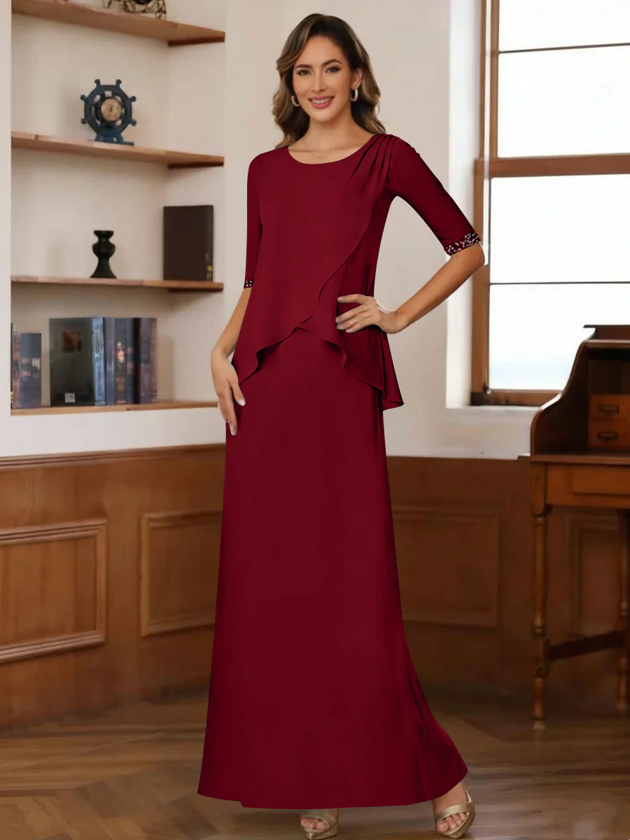 Sheath/Column Scoop Chiffon Mother of the Bride Dresses Ankle-Length Half Sleeves Sequins Ruched - Image 50
