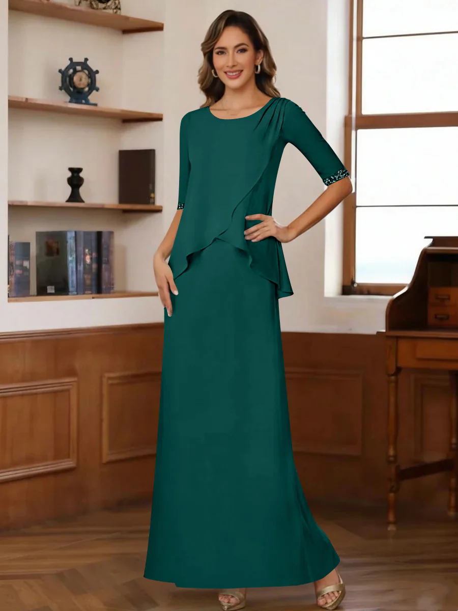 Sheath/Column Scoop Chiffon Mother of the Bride Dresses Ankle-Length Half Sleeves Sequins Ruched - Image 6