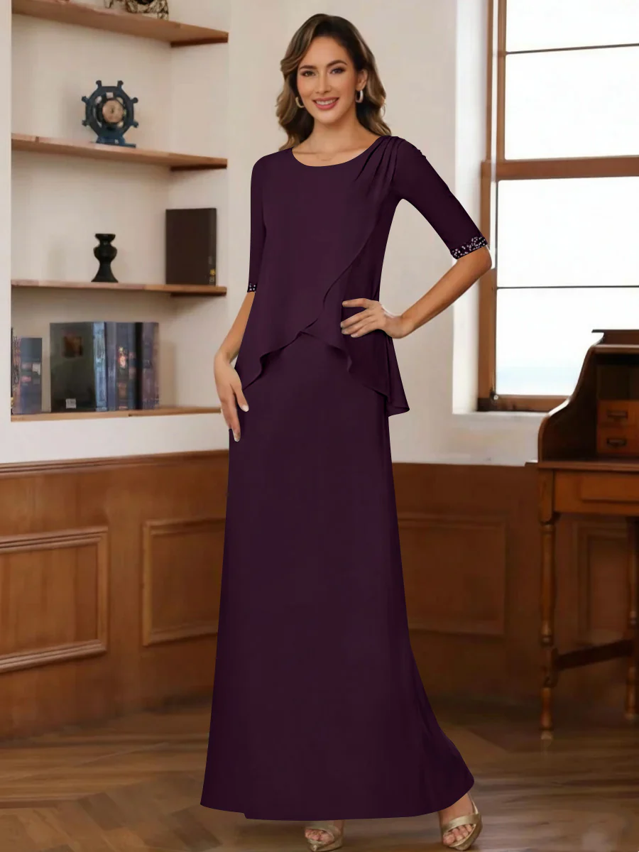 Sheath/Column Scoop Chiffon Mother of the Bride Dresses Ankle-Length Half Sleeves Sequins Ruched - Image 7
