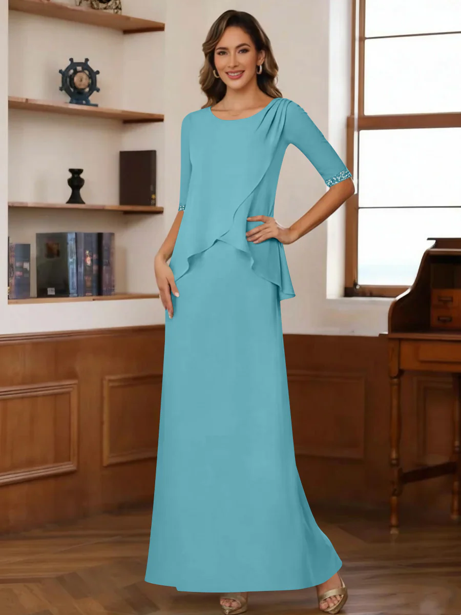 Sheath/Column Scoop Chiffon Mother of the Bride Dresses Ankle-Length Half Sleeves Sequins Ruched - Image 9