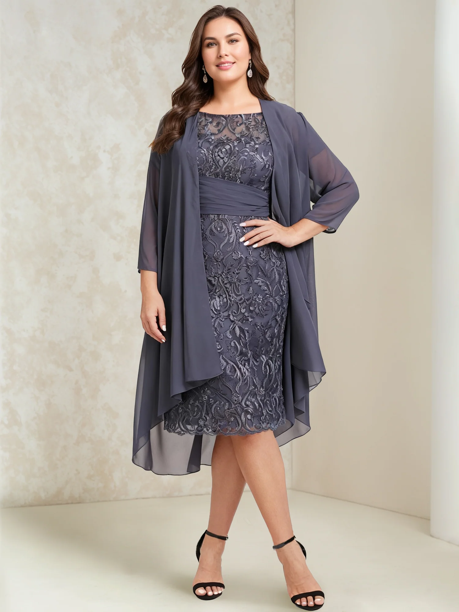 Sheath/Column Scoop Chiffon Plus Size Mother of the Bride Dresses with Wrap/Jacket Lace - Image 3