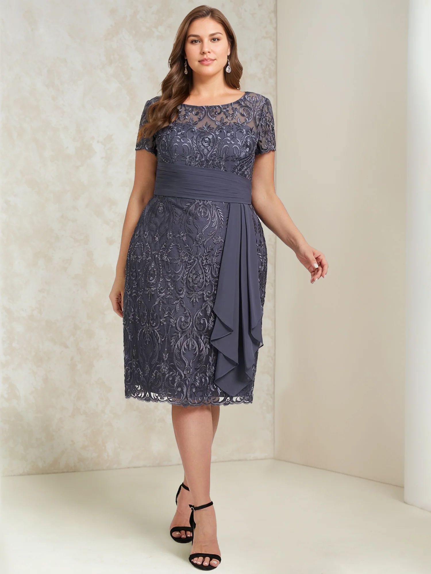 Sheath/Column Scoop Chiffon Plus Size Mother of the Bride Dresses with Wrap/Jacket Lace - Image 5