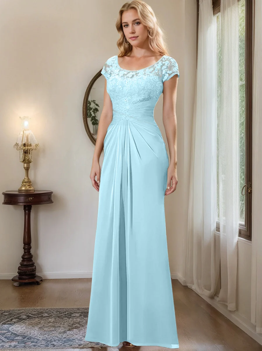Sheath/Column Scoop Floor-Length Chiffon Mother of the Bride Dresses With Lace Ruffle - Image 36
