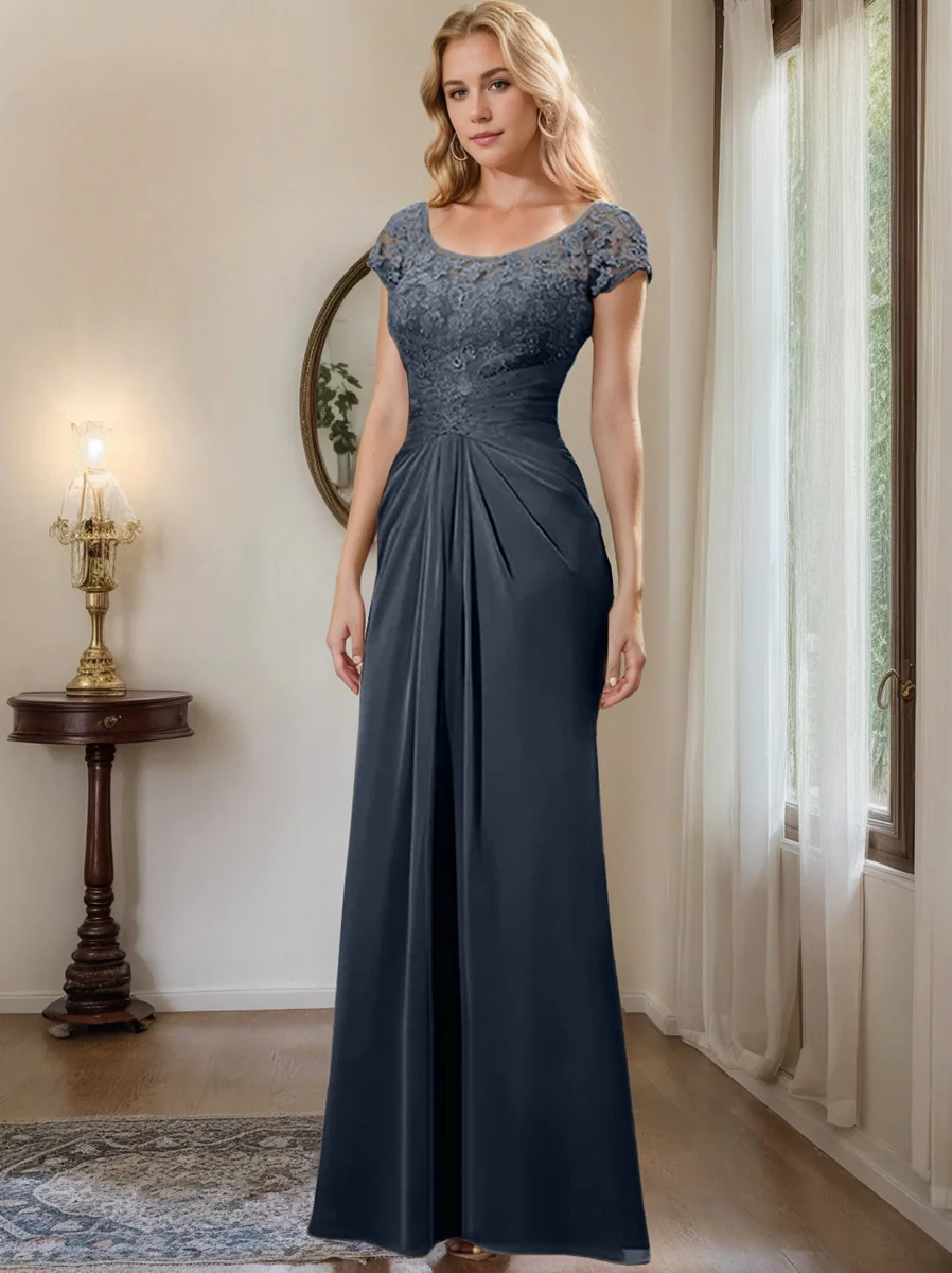 Sheath/Column Scoop Floor-Length Chiffon Mother of the Bride Dresses With Lace Ruffle - Image 43